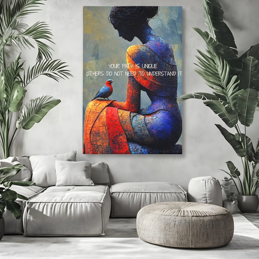 Tablou canvas cu tablou canvas cu femeie si pasare, fara rama, pe sasiu de lemn, pe perete intr-un living